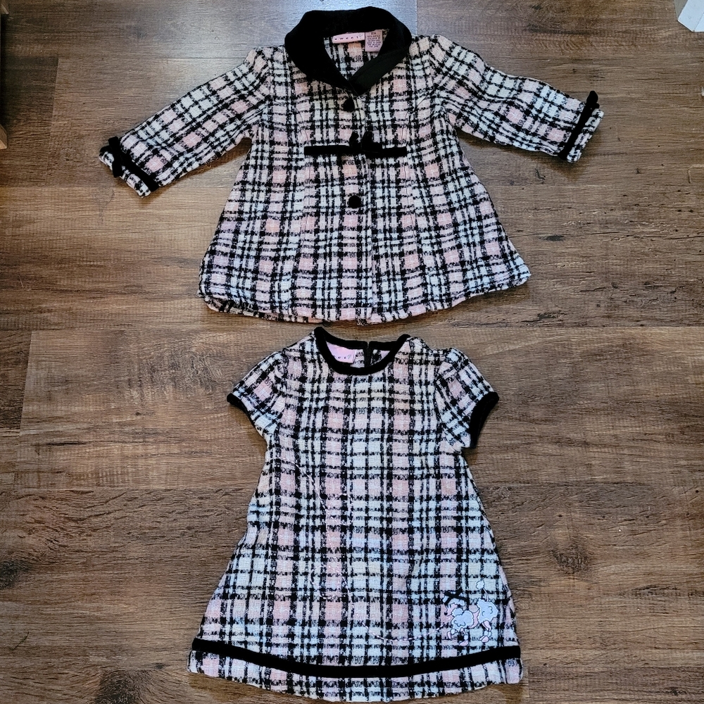Girls dress 18 months coat set pink fall preppy poodle pink black plaid